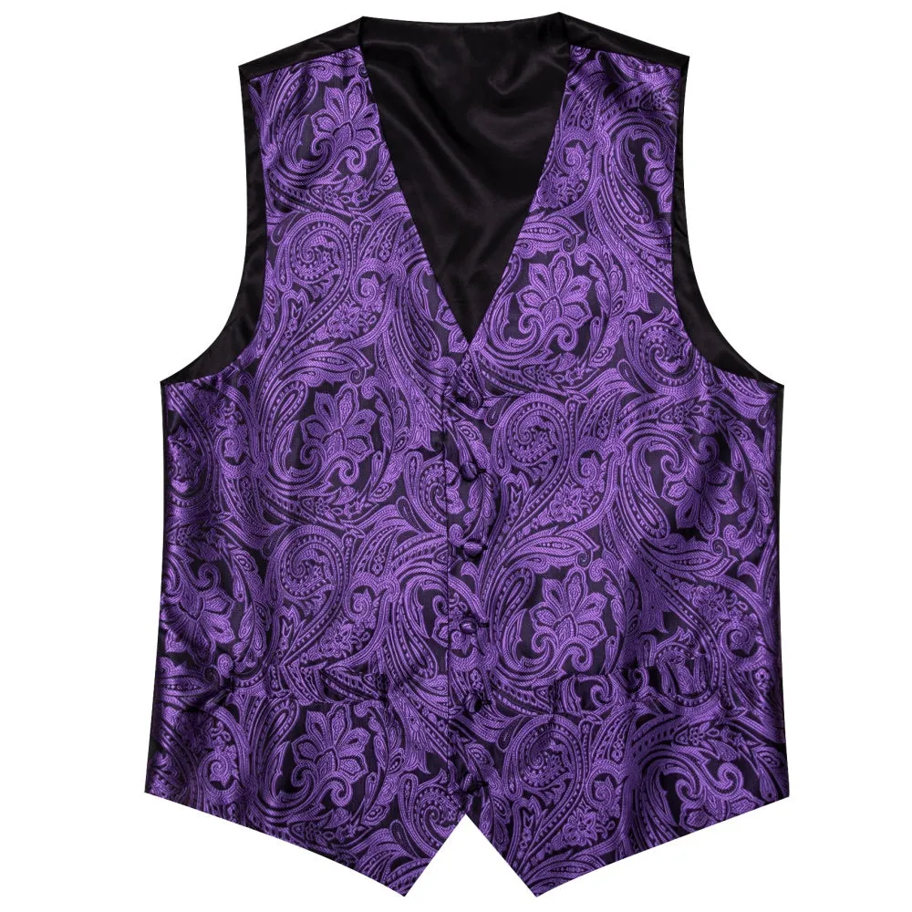 Barry. Wang Men's Black Purple Floral Silk Tie Vest Hanky Cufflinks Set sold by Barrywang product image thumbnail 4