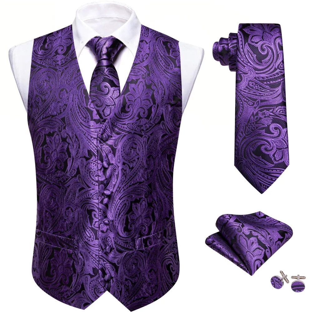 Barry. Wang Men's Black Purple Floral Silk Tie Vest Hanky Cufflinks Set sold by Barrywang product image thumbnail 3