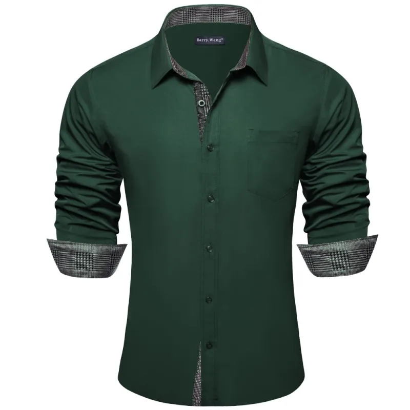 Barry. Wang Dark Green Shirt And Grey Splicing Plaid Long Sleeve Silk Shirt sold by Barrywang