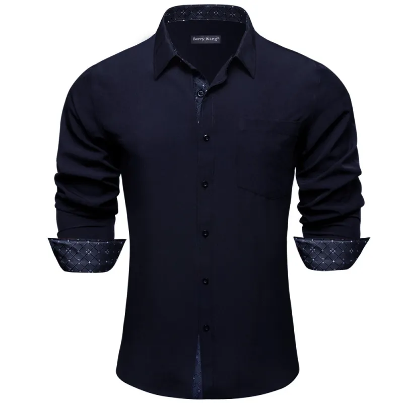 Barry. Wang Black Shirt With White Polka Dot Splicing Plaid Long Sleeve Silk Shirt sold by Barrywang