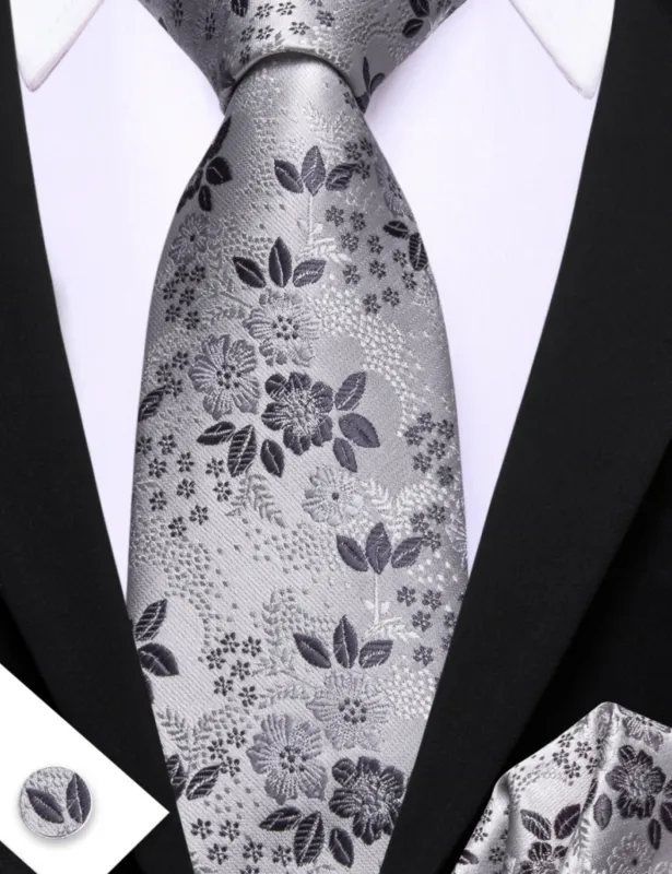 Barry Wang Silver Grey Floral Tie Mens Silk Tie Pocket Square Cufflinks Set sold by Barrywang