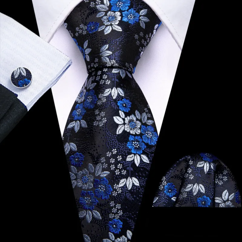 Barry Wang Black Blue Silver  Floral Tie Mens Silk Tie Pocket Square Cufflinks Set sold by Barrywang