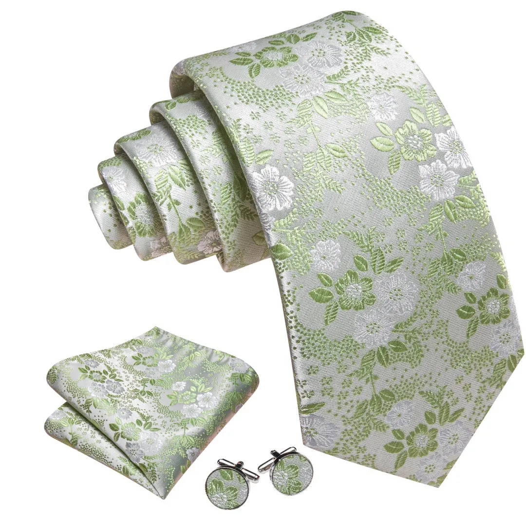 Barry. Wang Sage Green Floral Mens Ties Silk Necktie Pocket Square Cufflinks Set sold by Barrywang product image thumbnail 3