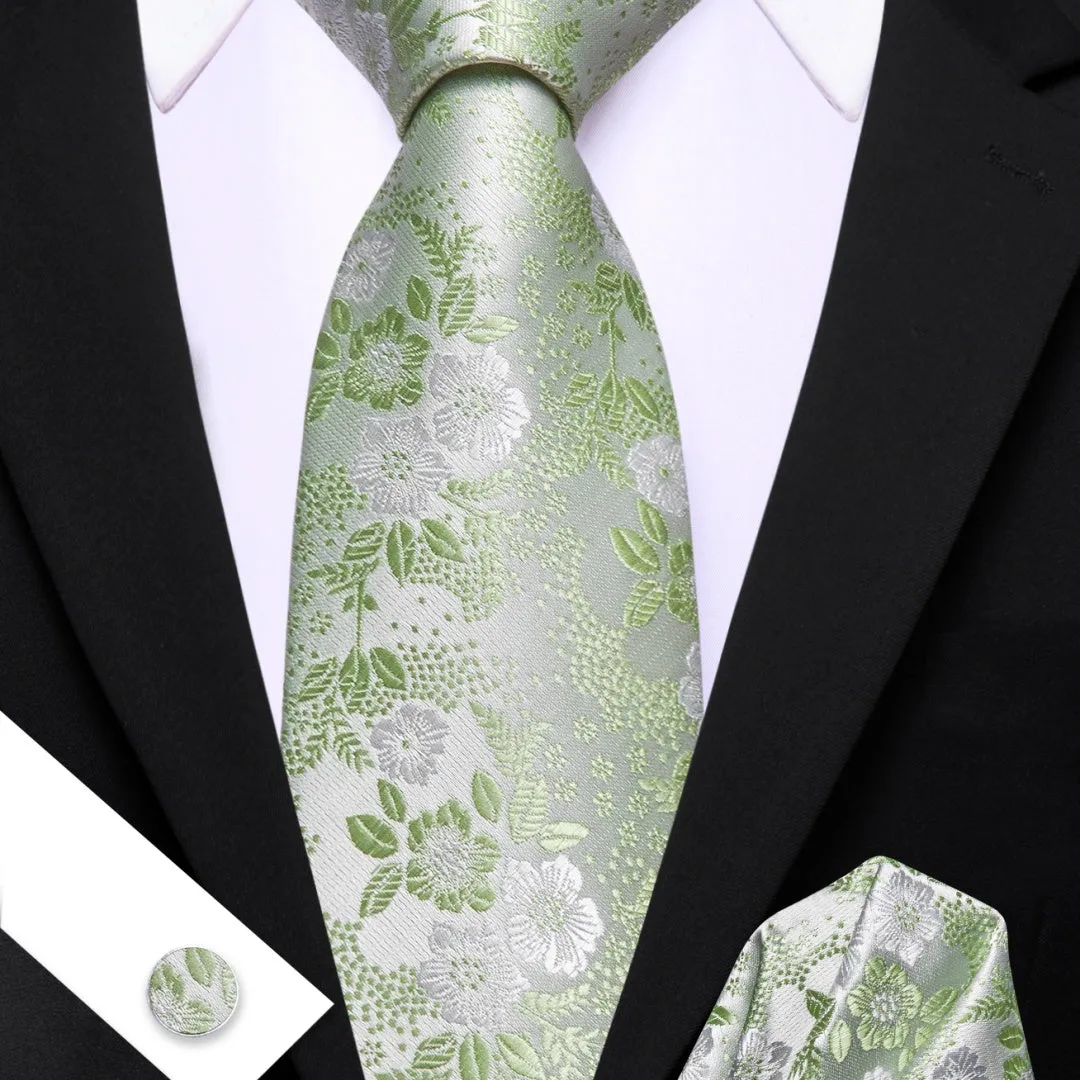 Barry. Wang Sage Green Floral Mens Ties Silk Necktie Pocket Square Cufflinks Set sold by Barrywang