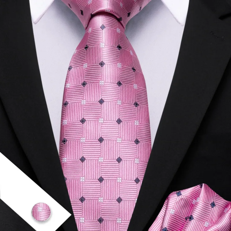 Barry. Wang Dark Pink Plaid Classic Tie Mens Silk Tie Pocket Square Cufflinks Set sold by Barrywang