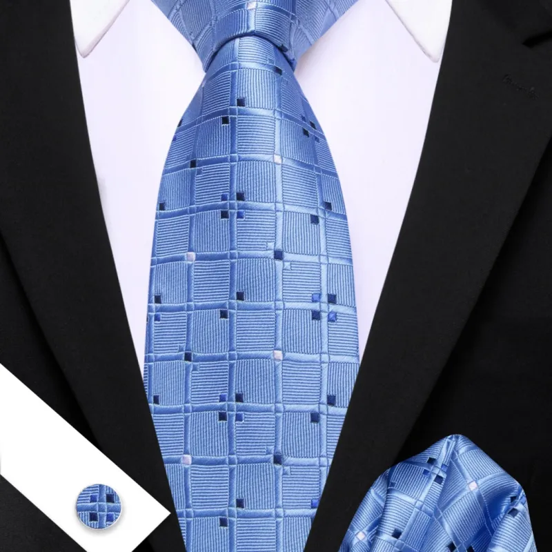 Barry Wang Royal Blue Plaid Necktie Handkerchief Cufflinks Set For Men sold by Barrywang