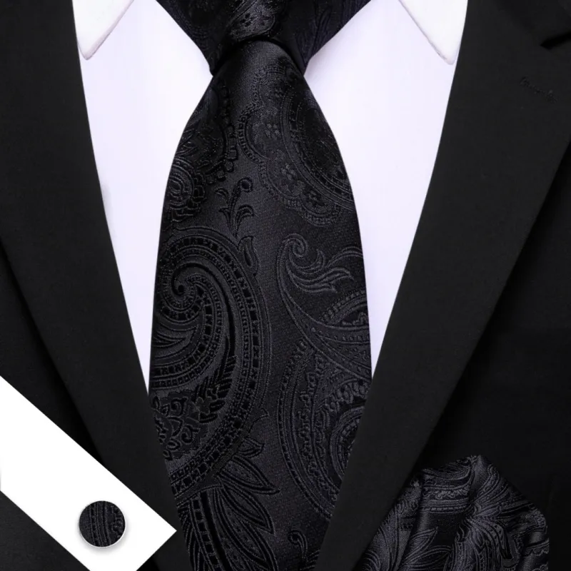 Barry Wang Black Paisley Tie Silk Tie Pocket Square Cufflinks Set For Men sold by Barrywang