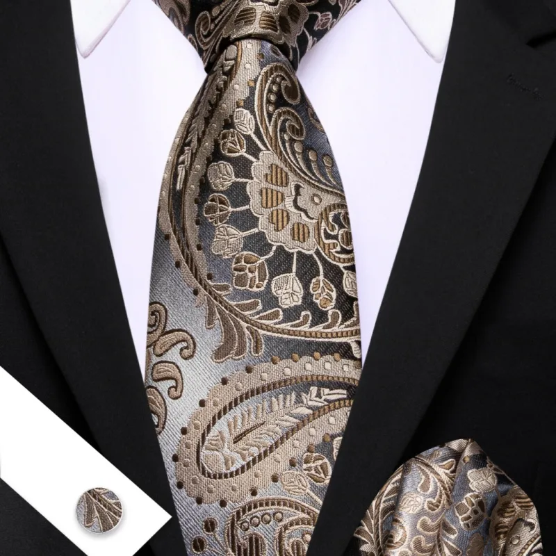 Barry Wang Cream Blue Paisley Tie Mens Silk Tie Pocket Square Cufflinks Set sold by Barrywang
