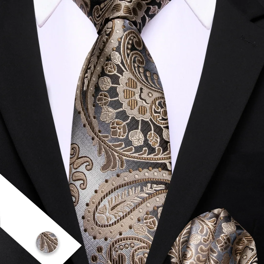 Barry. Wang Cream Blue Paisley Tie Mens Silk Tie Pocket Square Cufflinks Set sold by Barrywang