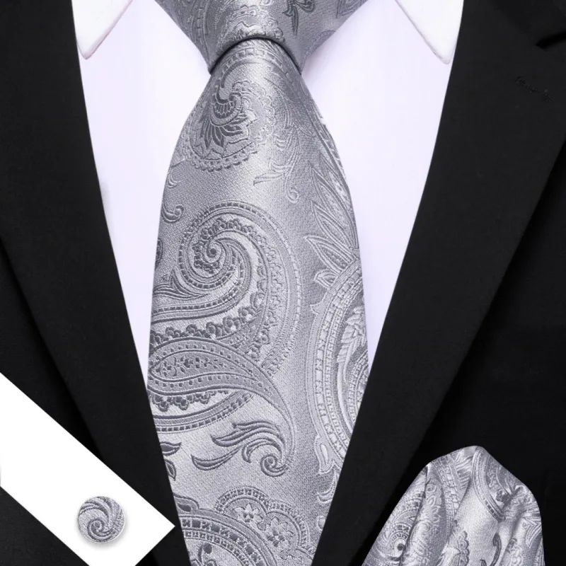 Barry. Wang Silver Paisley Tie Mens Silk Tie Pocket Square Cufflinks Set sold by Barrywang