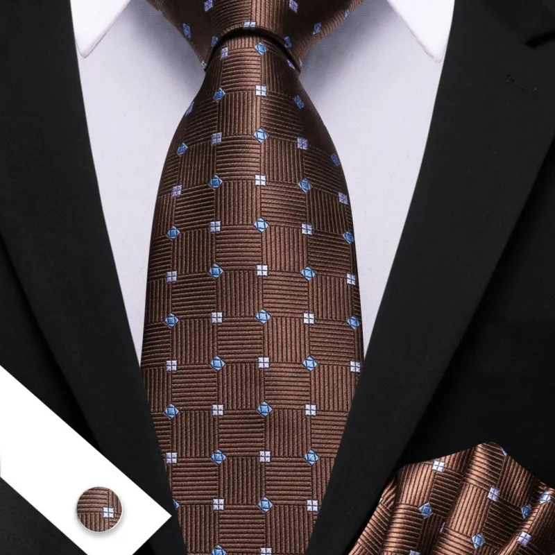 Barry Wang Brown Tie White Blue Plaid Tie Silk Tie Pocket Square Cufflinks Set sold by Barrywang