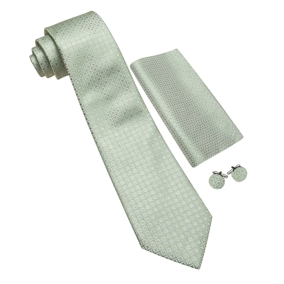 Barry Wang Sage Green Plaid Novelty Tie Mens Silk Tie Pocket Square Cufflinks Set sold by Barrywang product image thumbnail 2