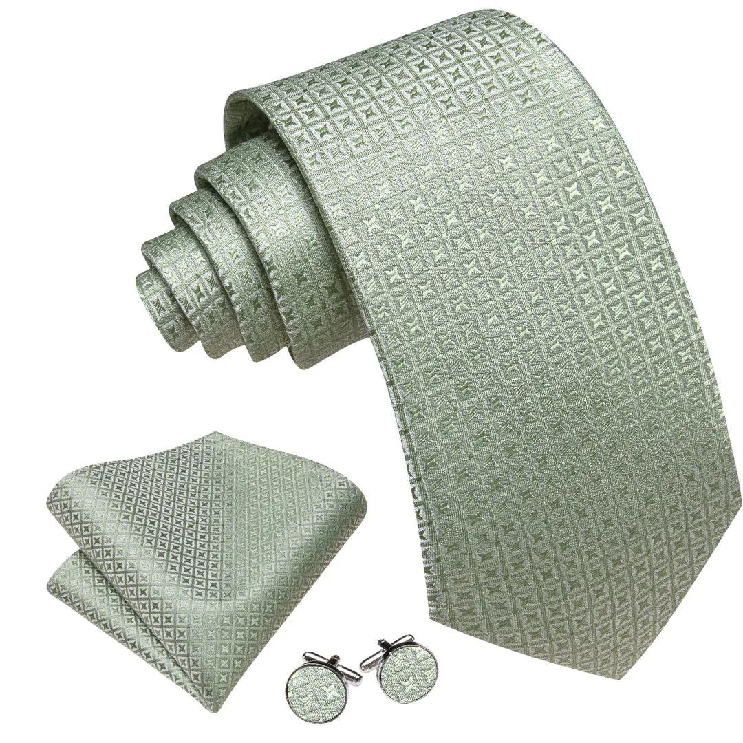 Barry Wang Sage Green Plaid Novelty Tie Mens Silk Tie Pocket Square Cufflinks Set sold by Barrywang product image thumbnail 3