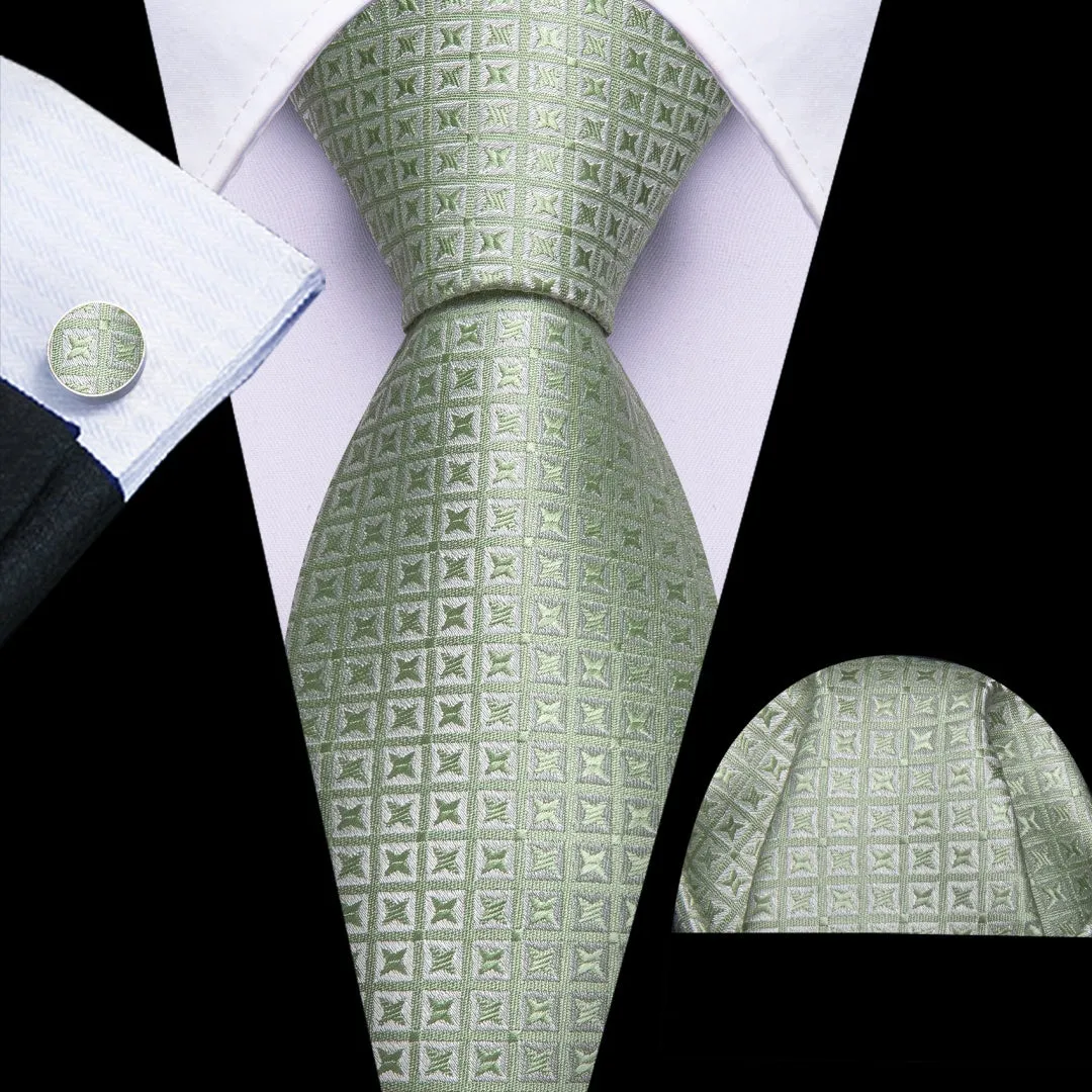 Barry Wang Sage Green Plaid Novelty Tie Mens Silk Tie Pocket Square Cufflinks Set sold by Barrywang