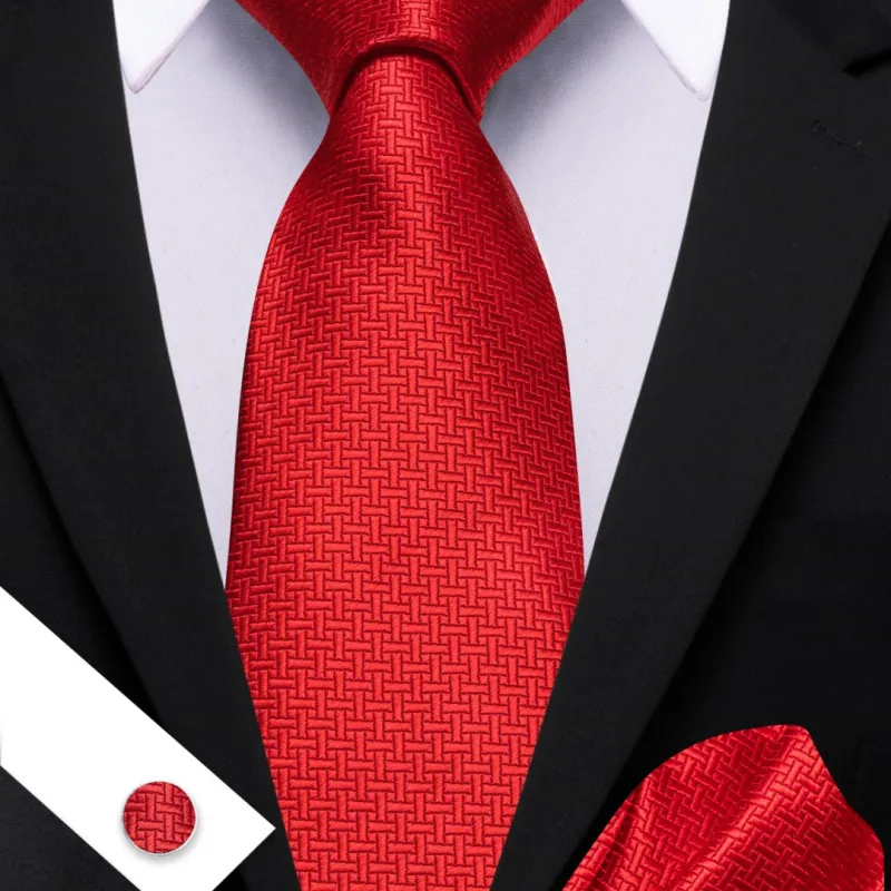 Barry. Wang Red Solid Classic Silk Tie Pocket Square Cufflinks Set For Men sold by Barrywang