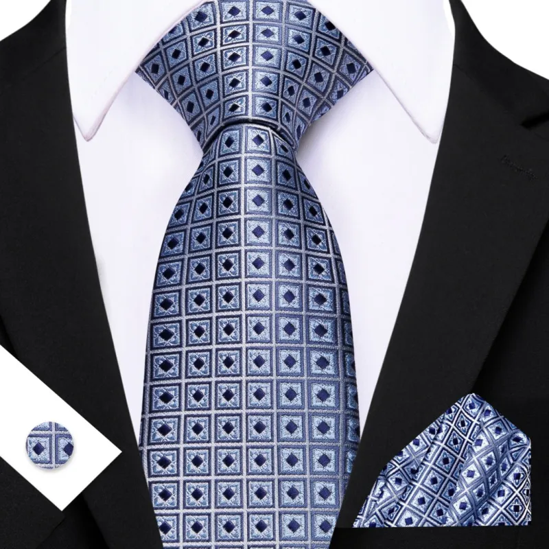 Barry Wang Blue Plaid Novelty Tie Mens Silk Tie Pocket Square Cufflinks Set sold by Barrywang