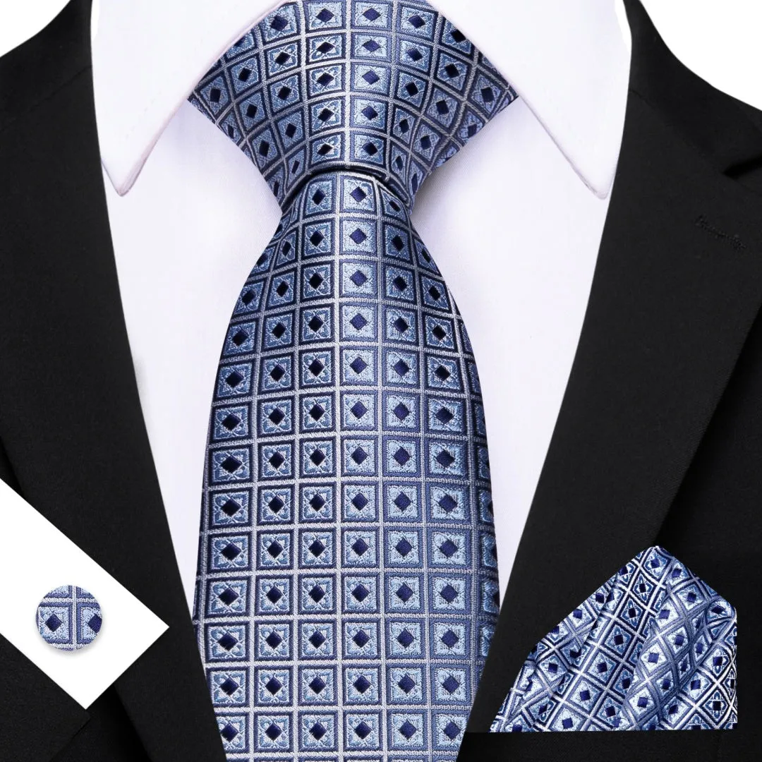 Barry. Wang Blue Plaid Novelty Tie Mens Silk Tie Pocket Square Cufflinks Set sold by Barrywang