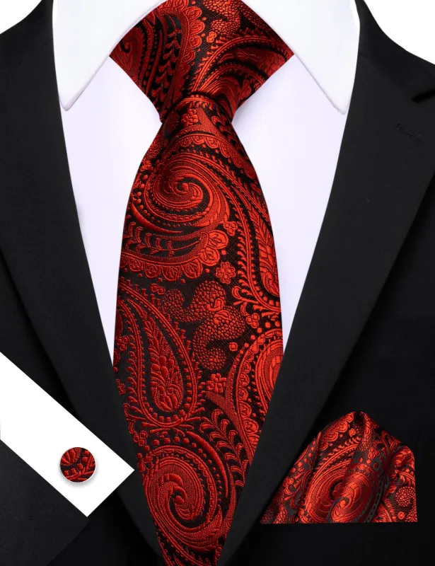 Barry Wang Black Red Paisley Ties for Men Silk Necktie Pocket Square Cufflinks Set sold by Barrywang