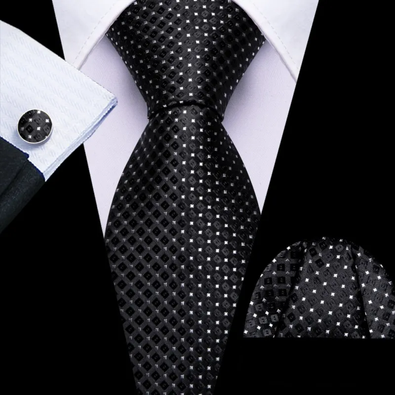 Barry. Wang Black Tie Plaid and Polka Dots Silk Tie Pocket Square Cufflinks Set for Men sold by Barrywang