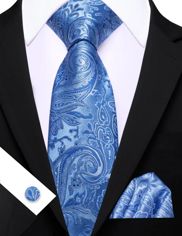 Barry. Wang Blue Paisley Tie Silk Tie Pocket Square Cufflinks Set for Men sold by Barrywang