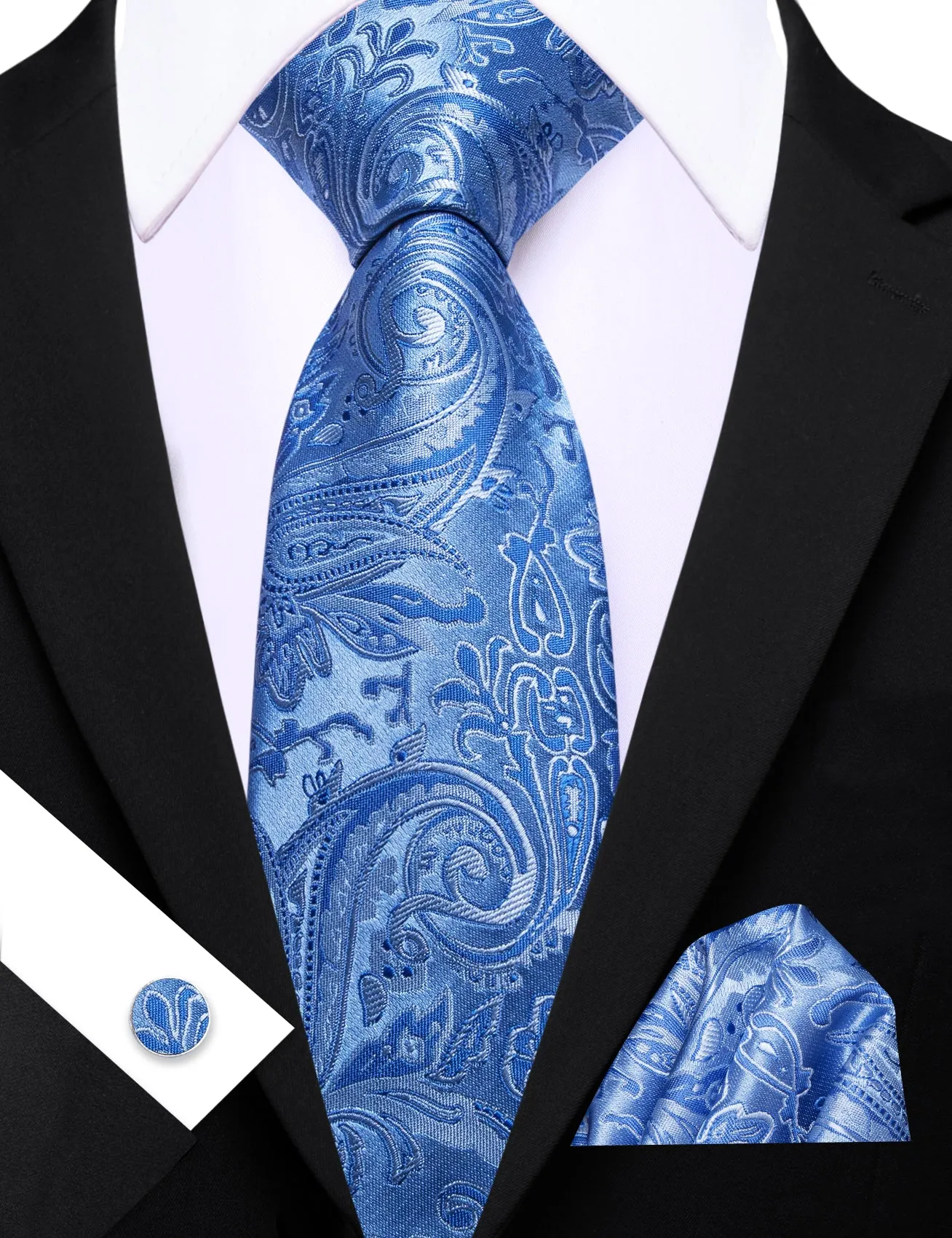 Barry. Wang Blue Paisley Tie Silk Tie Pocket Square Cufflinks Set for Men sold by Barrywang