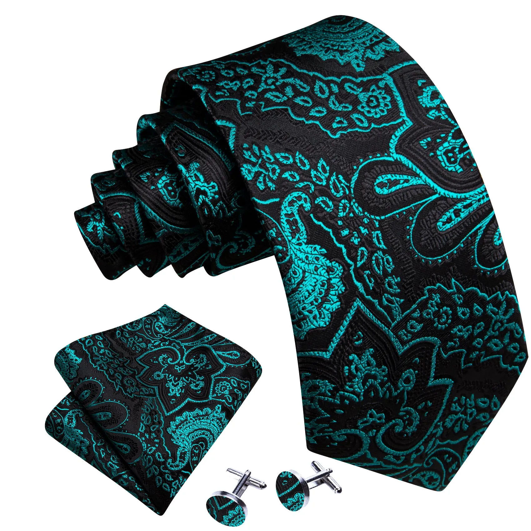 Barry Wang Teal Green Black Blue Paisley Silk Tie Hanky Cufflinks Set sold by Barrywang product image thumbnail 3