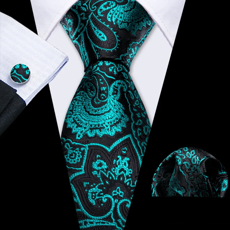 Barry Wang Teal Green Black Blue Paisley Silk Tie Hanky Cufflinks Set sold by Barrywang