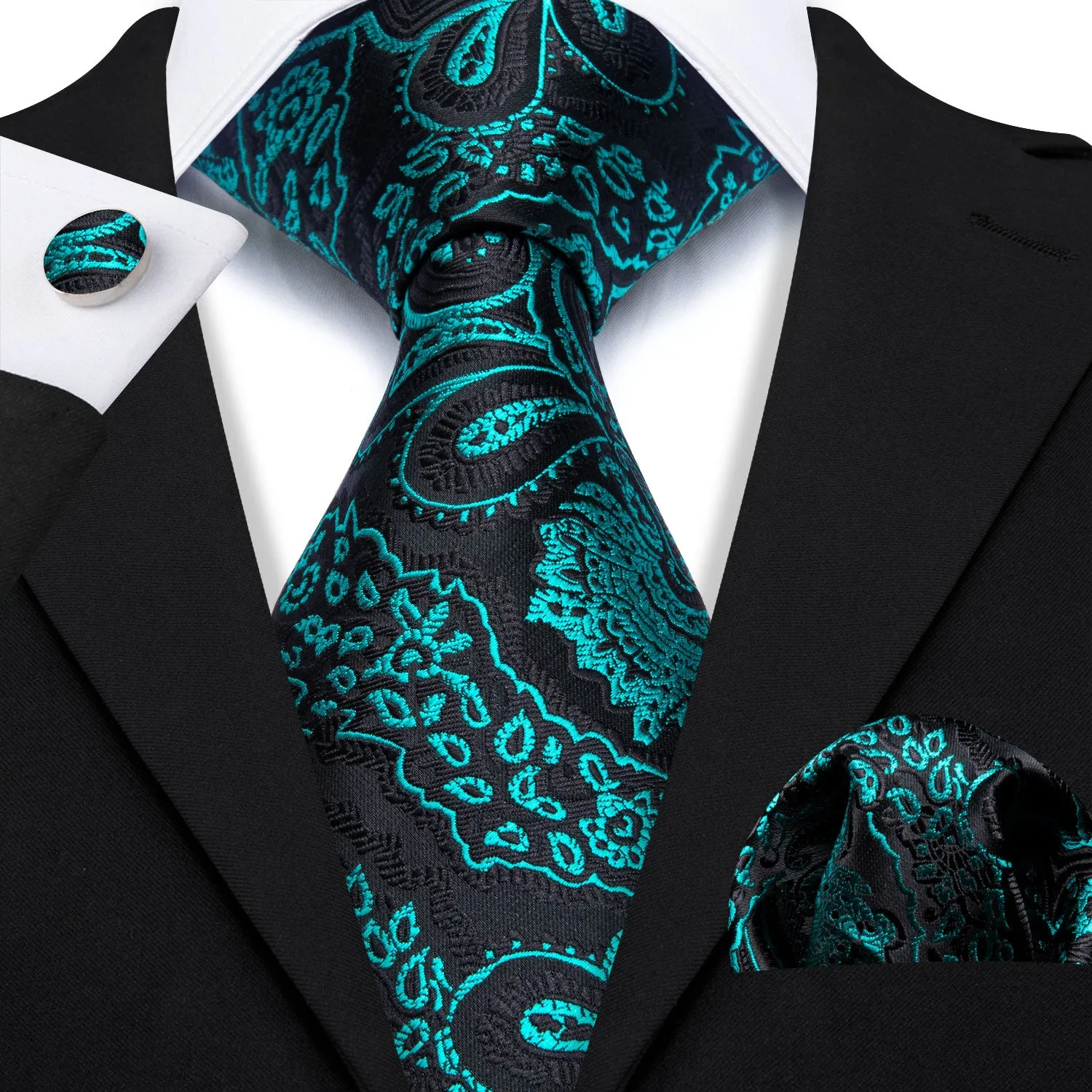 Barry Wang Teal Green Black Blue Paisley Silk Tie Hanky Cufflinks Set sold by Barrywang product image thumbnail 2