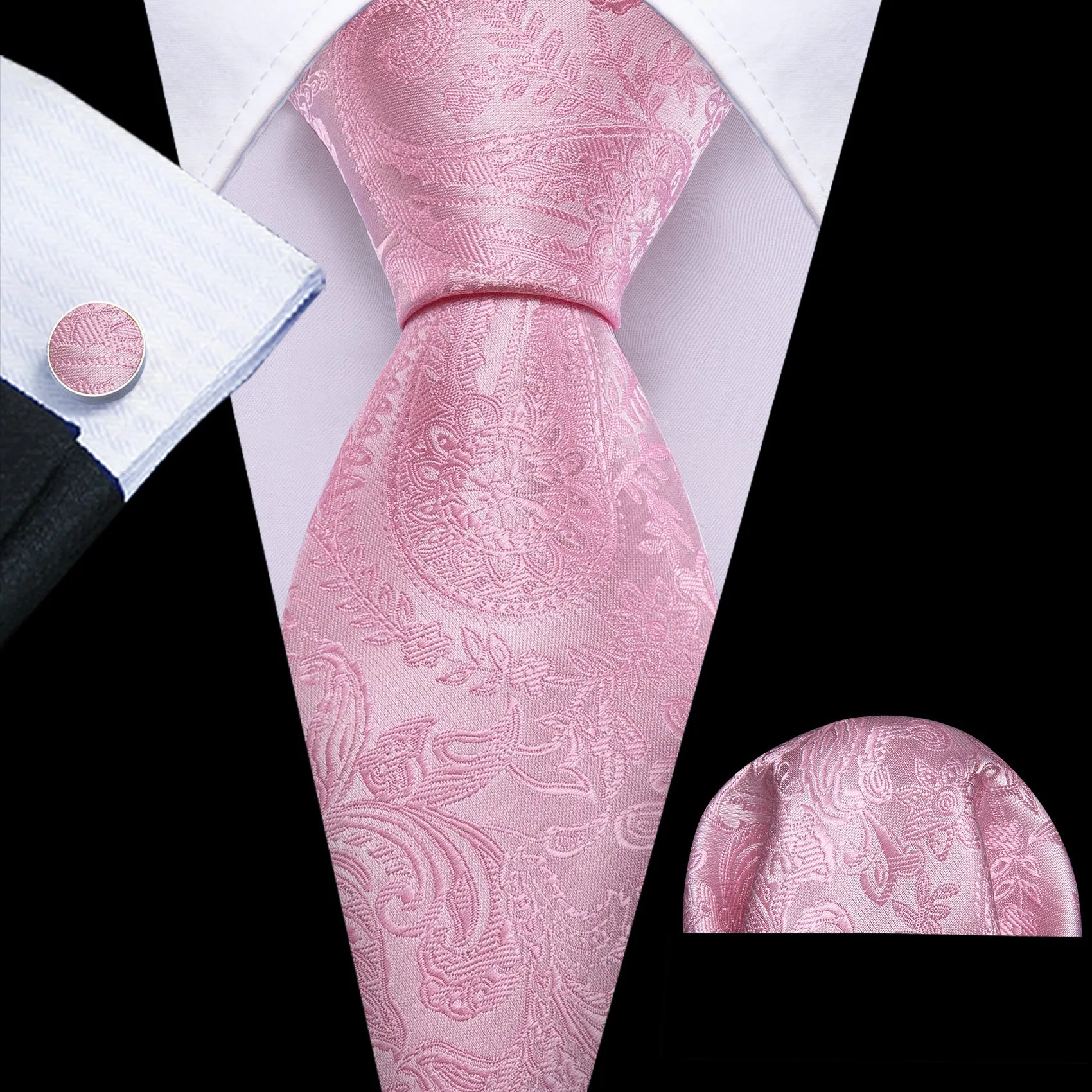 Barry Wang Pink Paisley Silk Men's Necktie Handkerchief Cufflinks Set sold by Barrywang