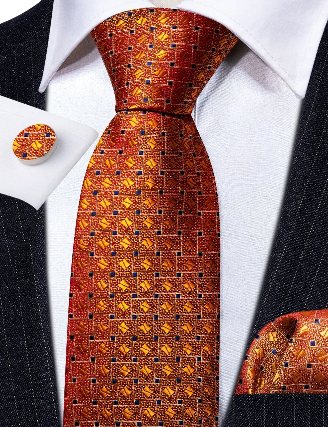 Barry.Wang Orange Tie Novelty Blue Plaid Silk Tie Pocket Square Cufflinks Set sold by Barrywang product image thumbnail 5