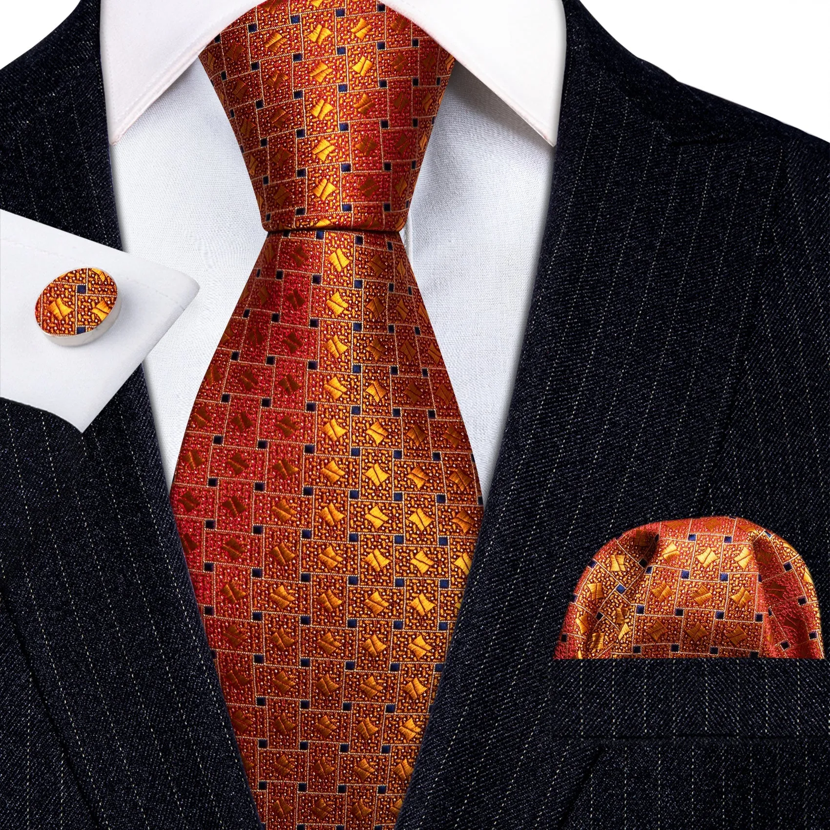 Barry.Wang Orange Tie Novelty Blue Plaid Silk Tie Pocket Square Cufflinks Set sold by Barrywang product image thumbnail 3