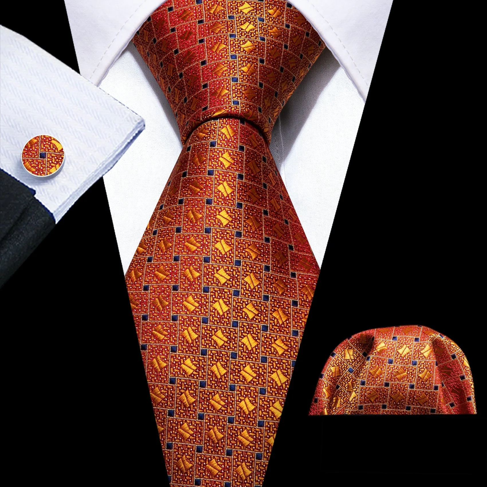 Barry.Wang Orange Tie Novelty Blue Plaid Silk Tie Pocket Square Cufflinks Set sold by Barrywang