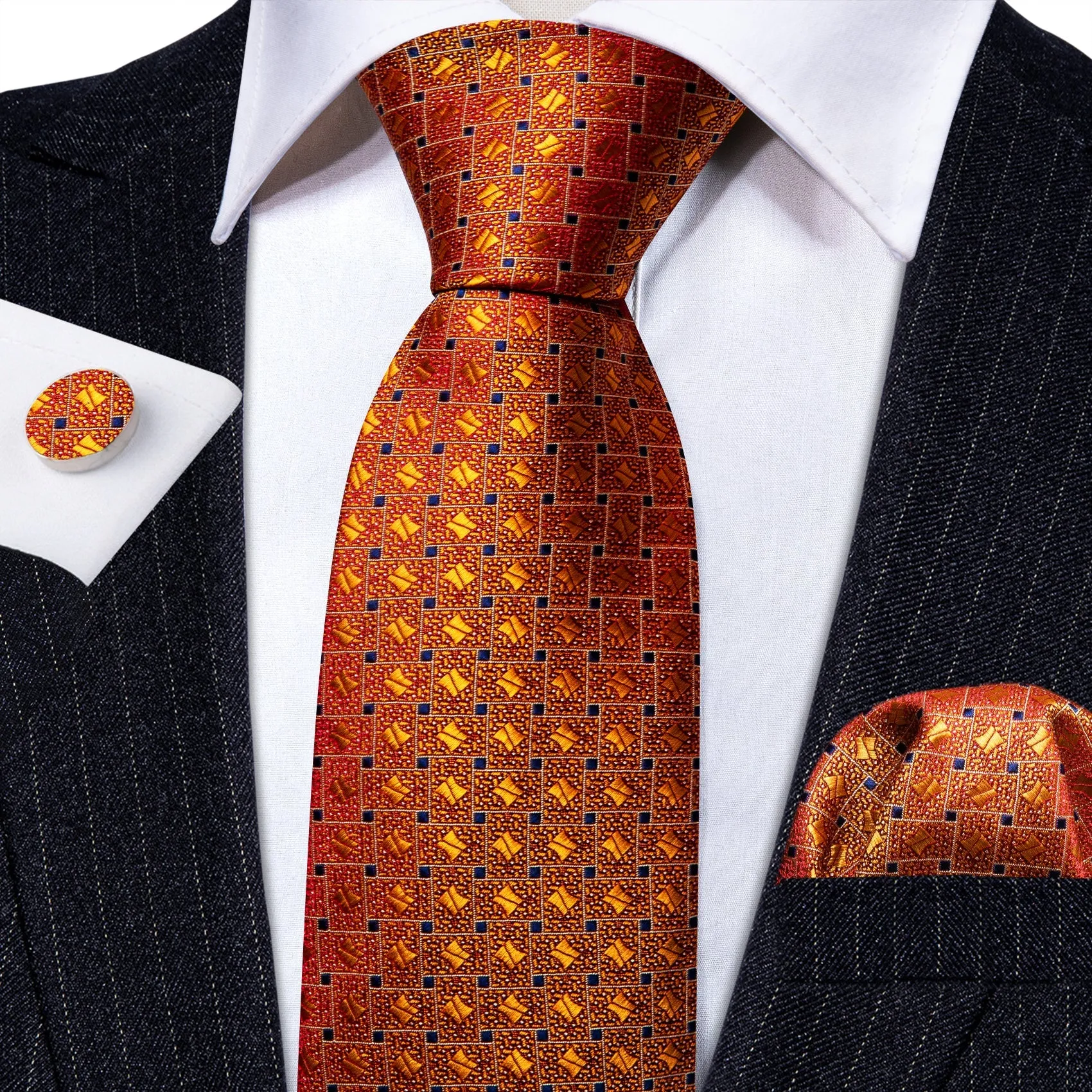 Barry.Wang Orange Tie Novelty Blue Plaid Silk Tie Pocket Square Cufflinks Set sold by Barrywang product image thumbnail 2