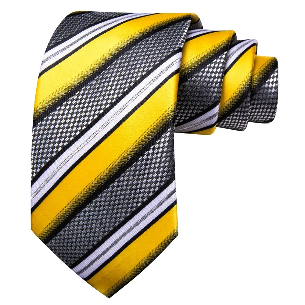 Barry. Wang Yellow Black White Tie Striped Tie Pocket Square Cufflinks Set sold by Barrywang product image thumbnail 3
