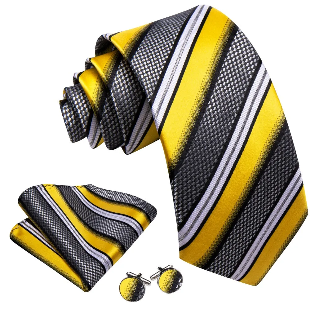 Barry. Wang Yellow Black White Tie Striped Tie Pocket Square Cufflinks Set sold by Barrywang product image thumbnail 2