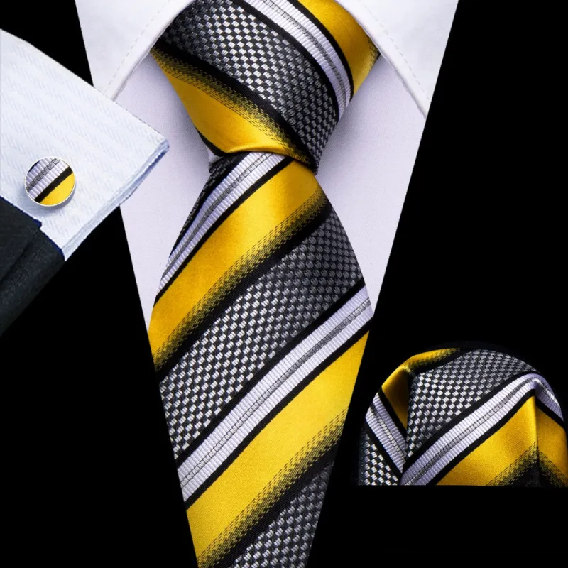 Barry. Wang Yellow Black White Tie Striped Tie Pocket Square Cufflinks Set sold by Barrywang