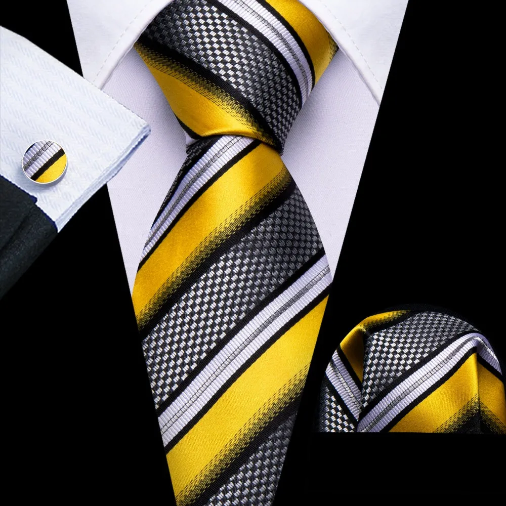 Barry. Wang Yellow Black White Tie Striped Tie Pocket Square Cufflinks Set sold by Barrywang