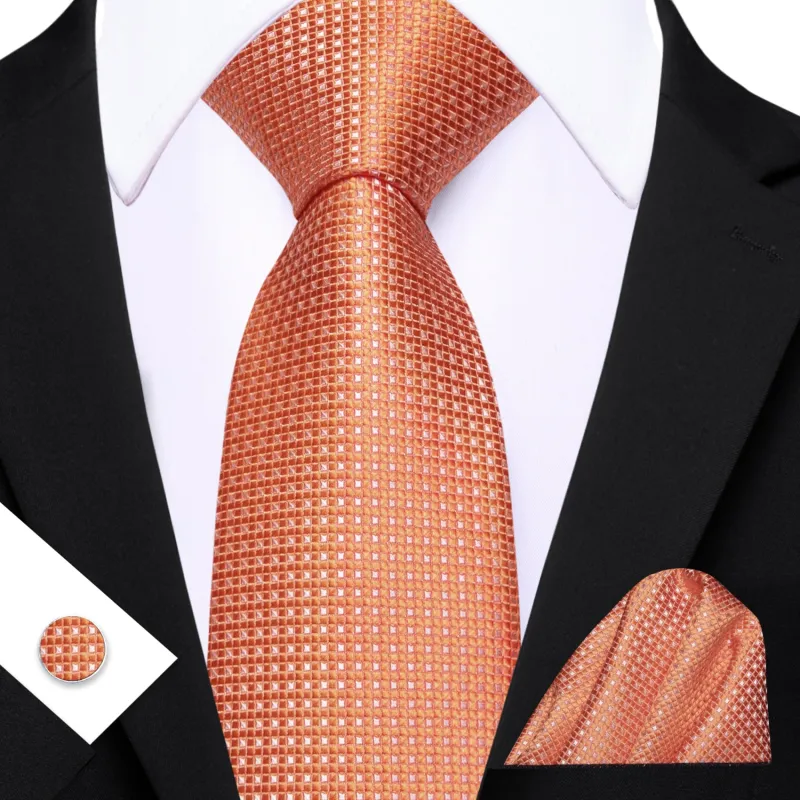 Barry Wang Coral Tie Classic Plaid Tie Pocket Square Cufflinks Set For Men sold by Barrywang