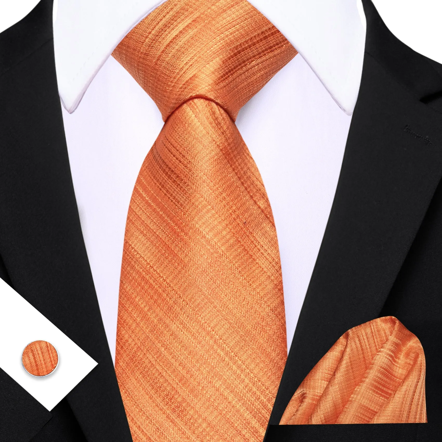 Barry. Wang Dark Orange Tie Solid Tie Pocket Square Cufflinks Set For Men sold by Barrywang