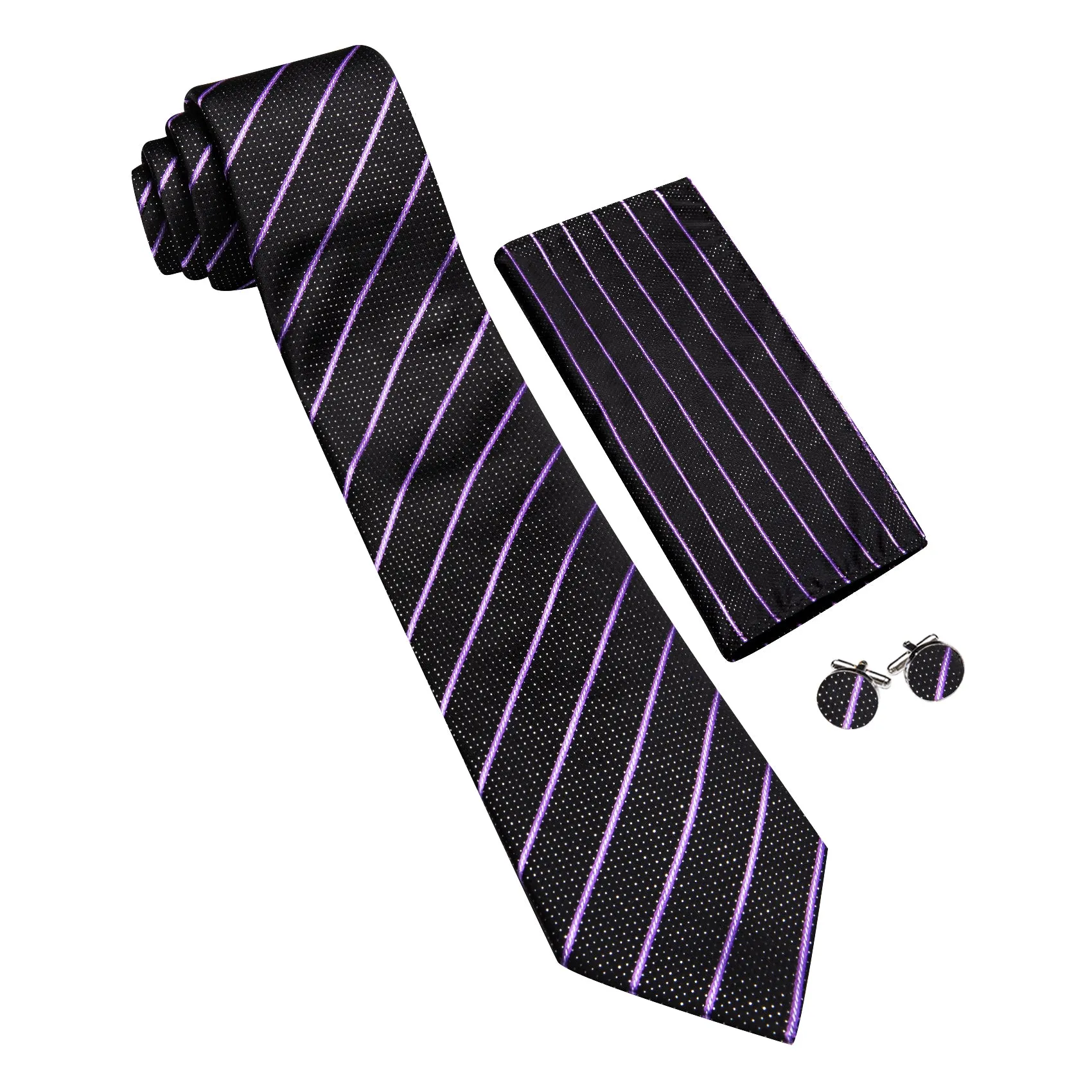Barry. Wang Black Tie Purple Stripe Silk Tie Pocket Square Cufflinks Set sold by Barrywang product image thumbnail 2