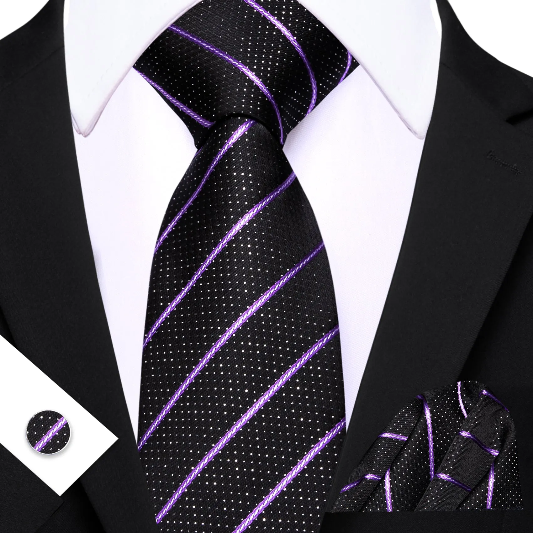 Barry. Wang Black Tie Purple Stripe Silk Tie Pocket Square Cufflinks Set sold by Barrywang
