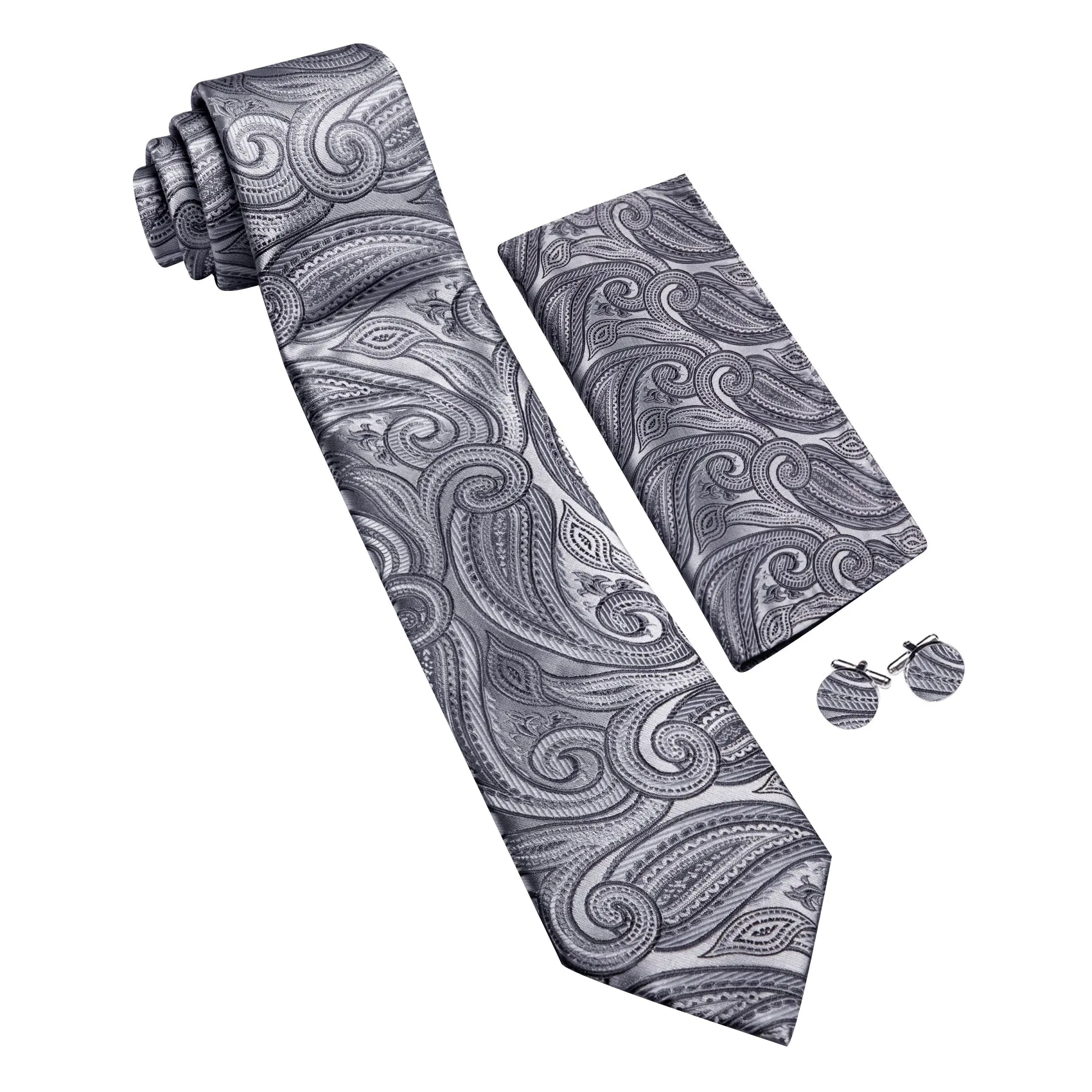 Barry. Wang Silver Tie Paisley Silk Tie Pocket Square Cufflinks Set For Men sold by Barrywang product image thumbnail 2