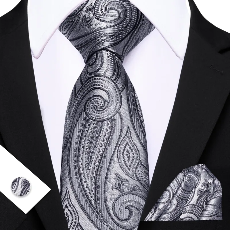 Barry Wang Silver Tie Paisley Silk Tie Pocket Square Cufflinks Set For Men sold by Barrywang