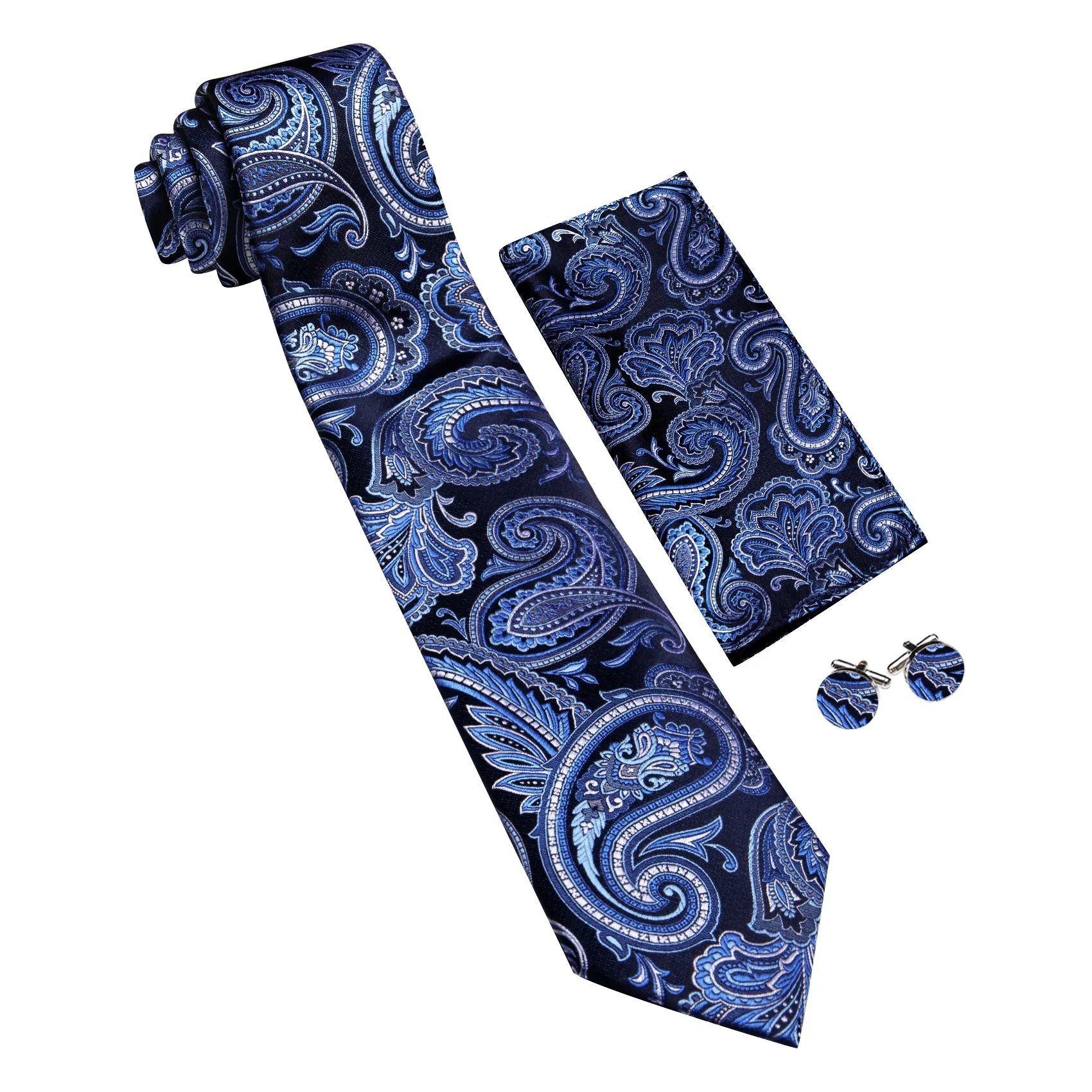 Barry Wang Dark Blue Tie Paisley Silk Tie Pocket Square Cufflinks Set For Men sold by Barrywang product image thumbnail 2