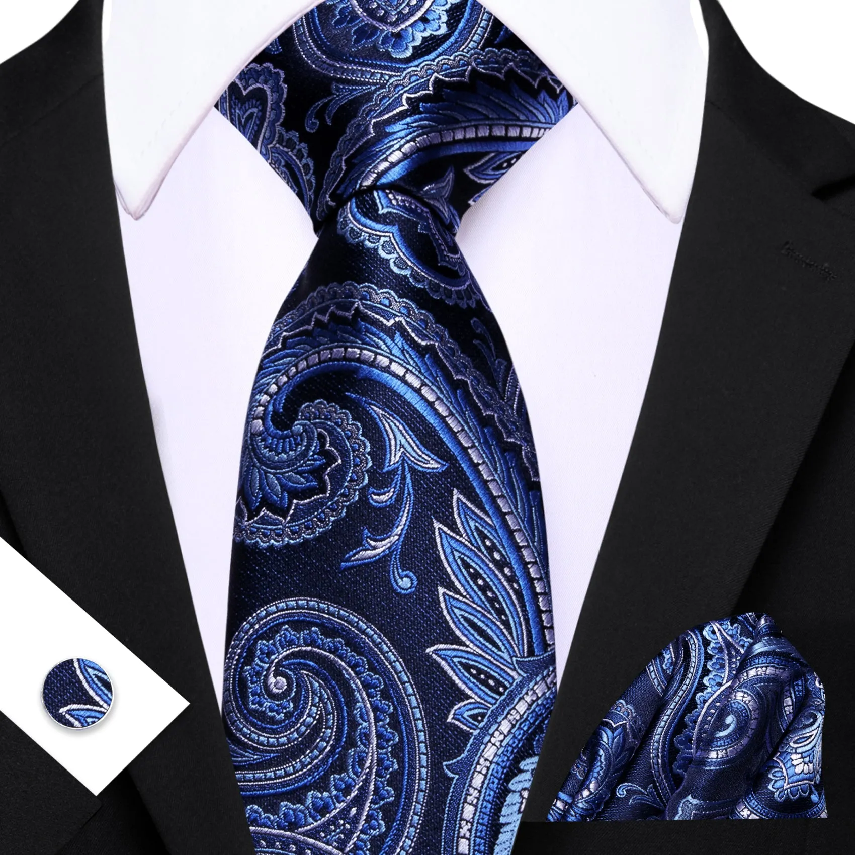 Barry Wang Dark Blue Tie Paisley Silk Tie Pocket Square Cufflinks Set For Men sold by Barrywang