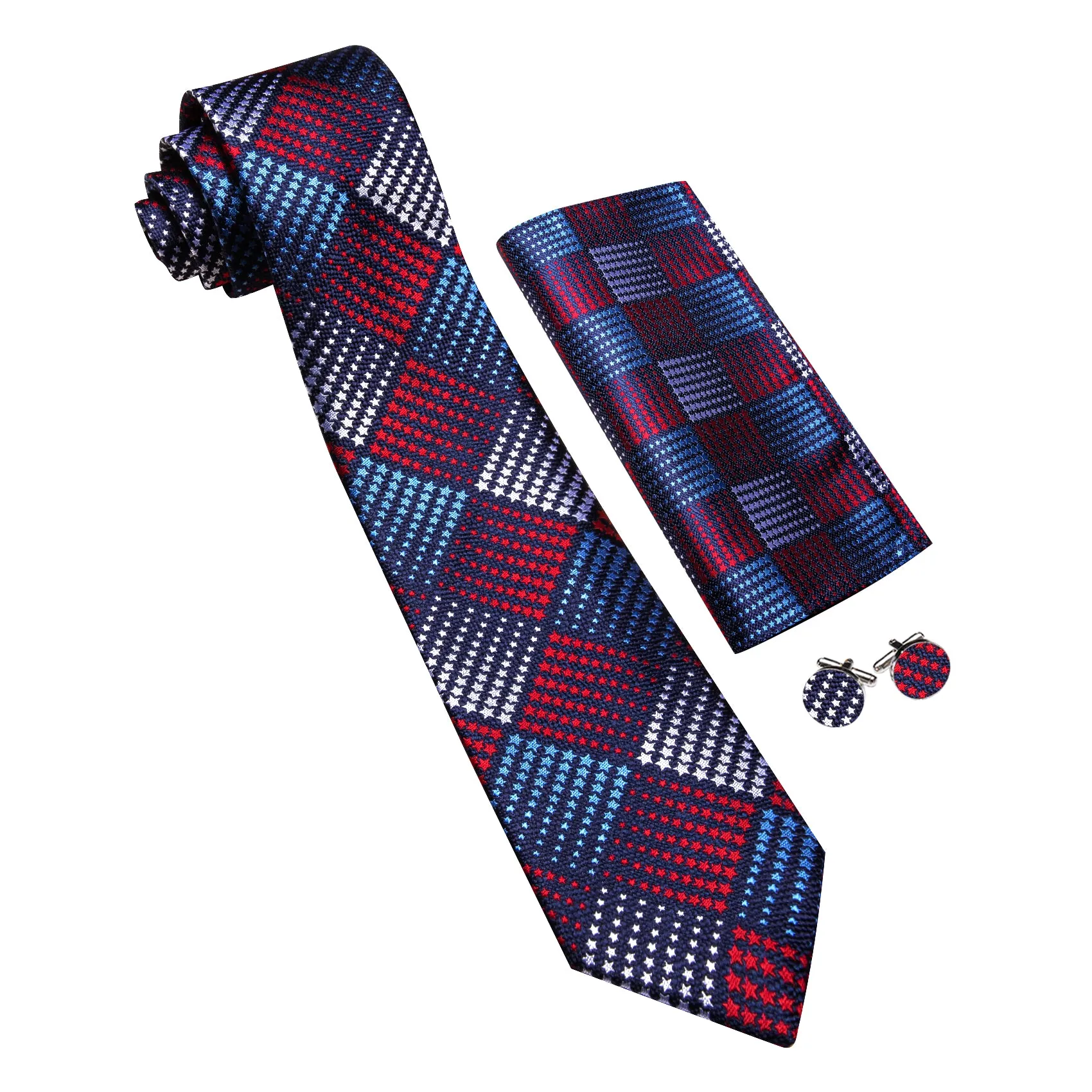 Barry Wang Red Blue Silver Tie Plaid Tie Silk Tie Pocket Square Cufflinks Set For Men sold by Barrywang product image thumbnail 2