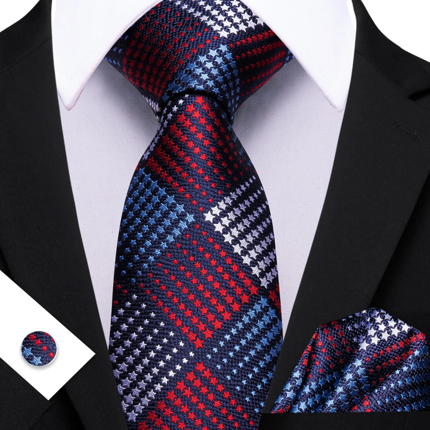 Barry Wang Red Blue Silver Tie Plaid Tie Silk Tie Pocket Square Cufflinks Set For Men sold by Barrywang