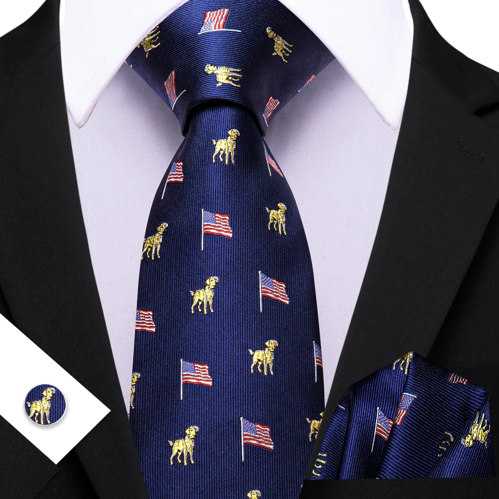 Barry Wang  Dark Blue Tie Animal Tie Silk Tie Pocket Square Cufflinks Set For Men sold by Barrywang