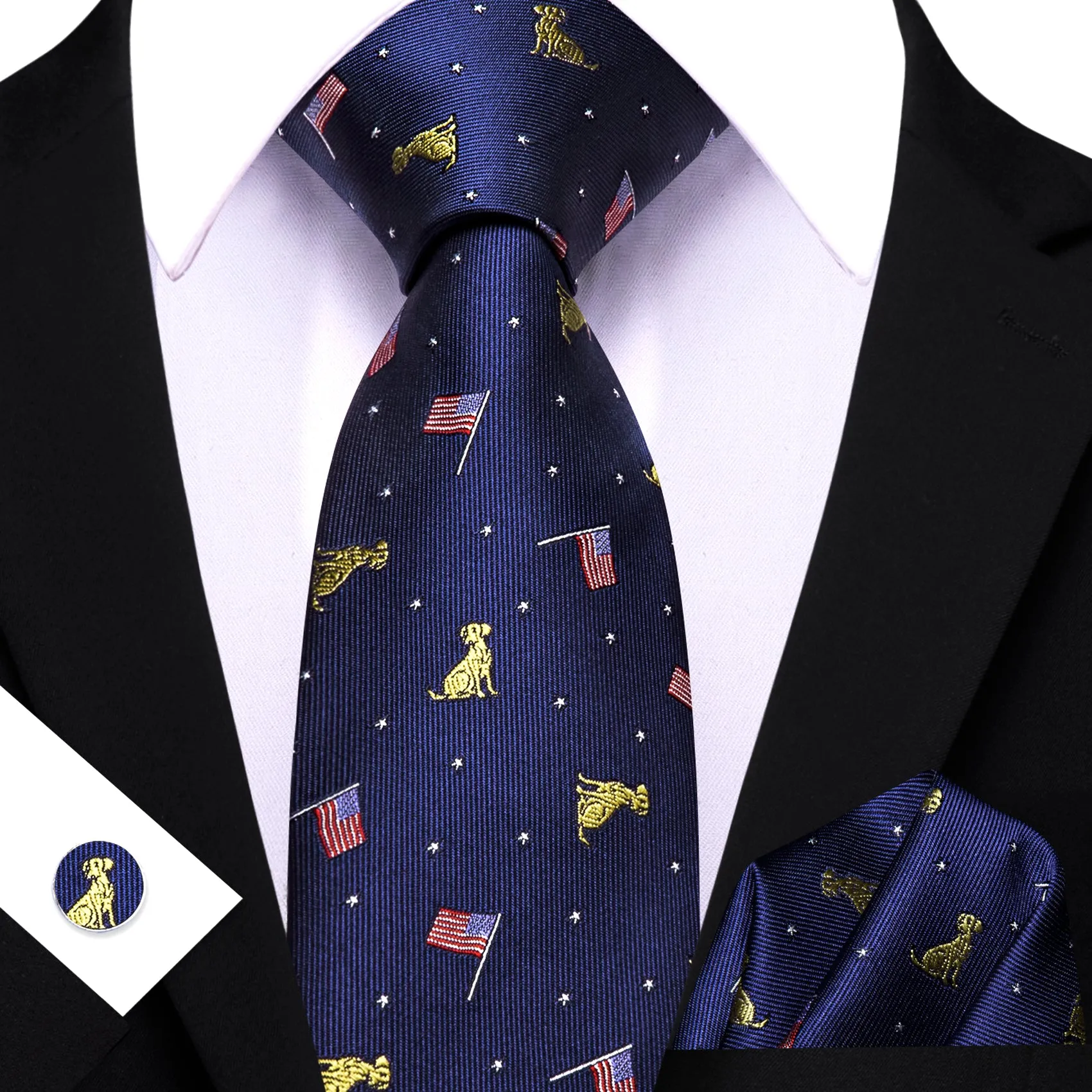Barry Wang Dark Blue Tie Animal Tie Polka Dot Silk Tie Pocket Square Cufflinks Set sold by Barrywang