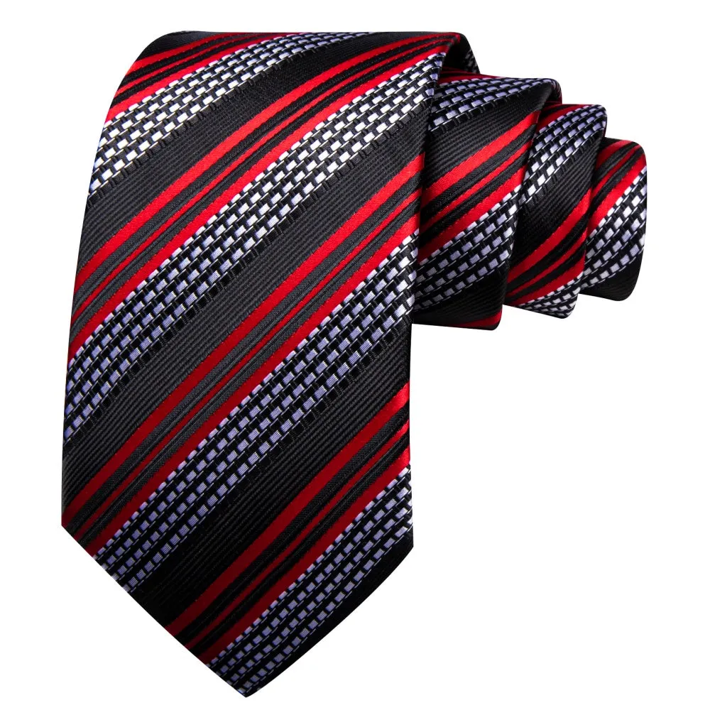 Barry. Wang Men's Black Red Silver Tie Striped Tie Pocket Square Cufflinks Set sold by Barrywang product image thumbnail 3